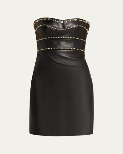 Versace Embellished Strapless Nappa Leather Mini Dress In Black