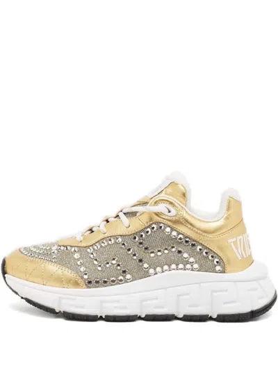 Pre-owned Versace Embellished-upper Lace-up Sneakers In Gold