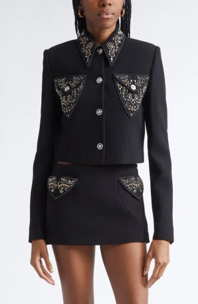 VERSACE VERSACE EMBELLISHED WOOL BLEND CREPE CROP JACKET