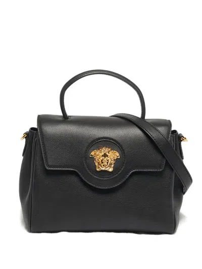 Pre-owned Versace Emblem Leather Satchel In Black