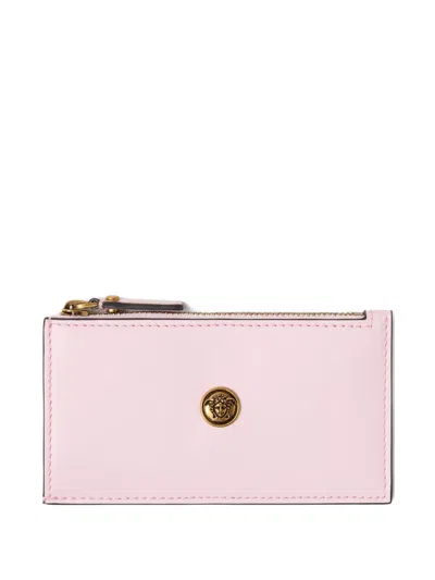Versace Embleme Leather Zip Card Holder In Pink