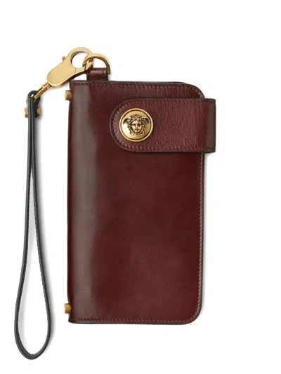 Versace Emblème Long Leather Wallet In Brown