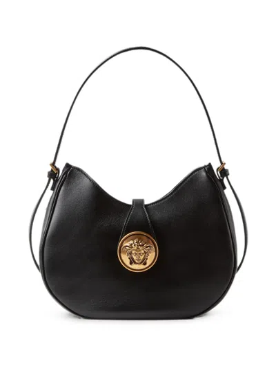Versace Crossbody Bag Nylon Silk Gold Tone Hardware In Black