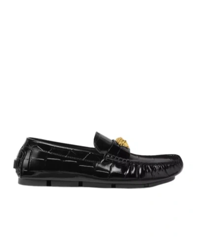 Versace Embossed Drivers Loafers In Black