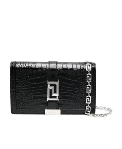 Versace Embossed Goddess Chain-linked Shoulder Bag In Gray