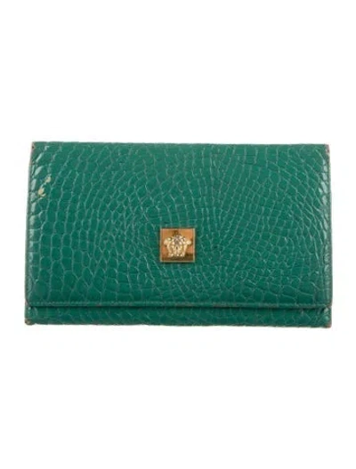 Pre-owned Versace Embossed Leather Animal Print Card Holder In Green