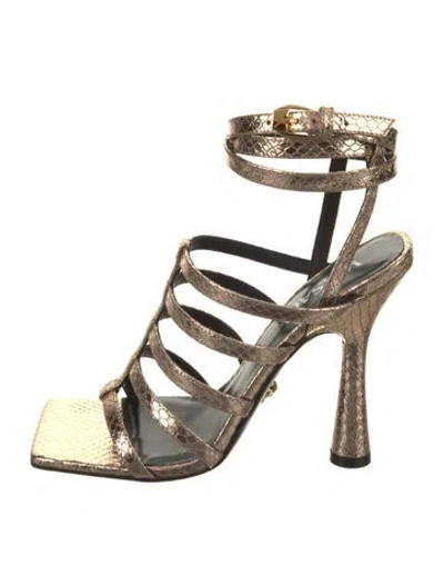 Pre-owned Versace Embossed Leather Animal Print Gladiator Sandals In Silver
