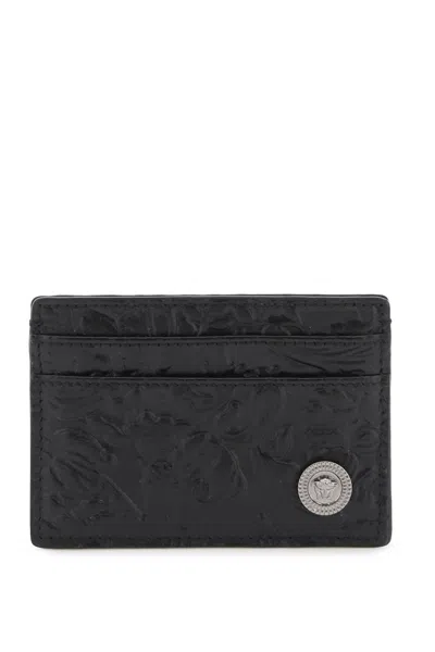 Versace Embossed Leather Card Holder With Medusa Emblem In Black