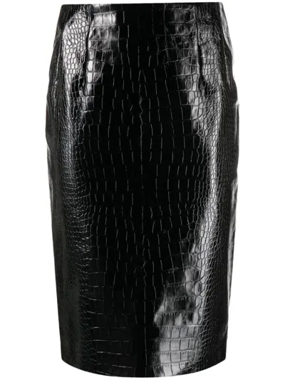 Versace Embossed Leather Midi Skirt For Women In Black