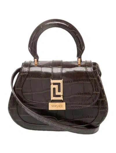 Pre-owned Versace Embossed Leather Top Handle Bag In Brown