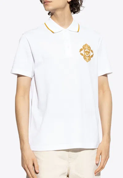 Versace Embroidered Architectural Baroque Polo T-shirt In White
