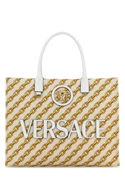 Versace Embroidered Canvas Large Chain Stripes Shopping Bag