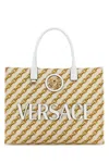 Versace Embroidered Canvas Large Chain Stripes Shopping Bag In Porcelainwhitemulticolorgold