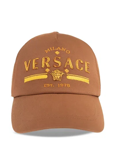 Versace Embroidered Cap In Brown