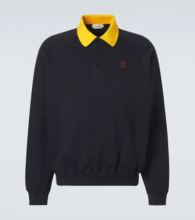 Versace Embroidered Cotton Jersey Polo Sweatshirt In Blue