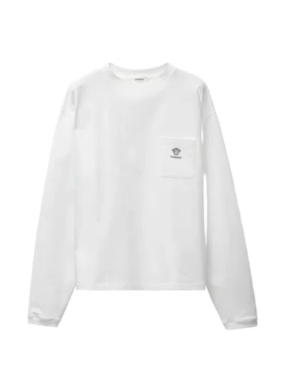 Versace Silk Blend Crew Neck T Shirt Pocket In White