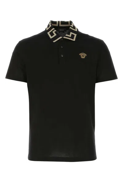 Versace Geometric Patterned Black Polo Shirt With Classic Placket