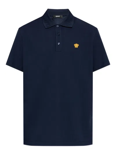 Versace Embroidered Cotton Piqué Polo In Blue