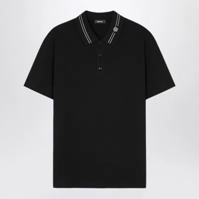 Versace Embroidered Cotton Piqué Polo In Black