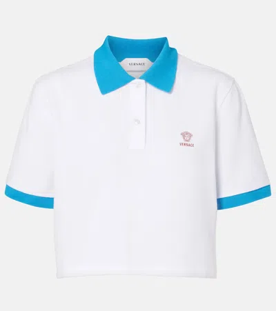 Versace Cropped Pique Polo Shirt With Embroidered Logo For Women In White