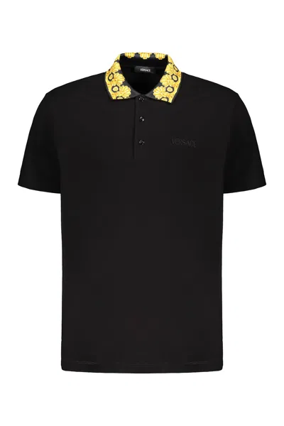 Versace Embroidered Cotton Polo Shirt In Black