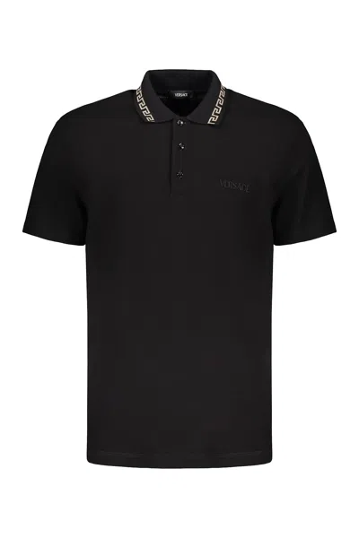 Versace Embroidered Cotton Polo Shirt In Black