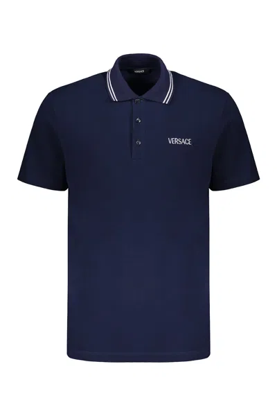 Versace Embroidered Cotton Polo Shirt In Blue