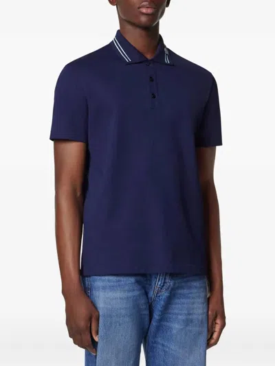 Versace Embroidered Cotton Polo Shirt In Navy In Blue