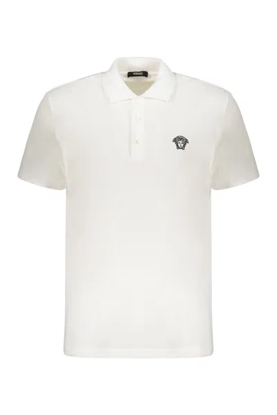 Versace Embroidered Cotton Polo Shirt In White