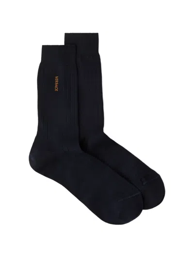 Versace Embroidered Cotton Ribbed Socks In Black