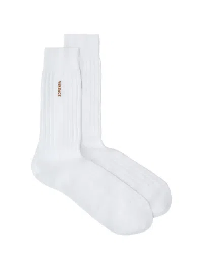 Versace Embroidered Cotton Ribbed Socks In White