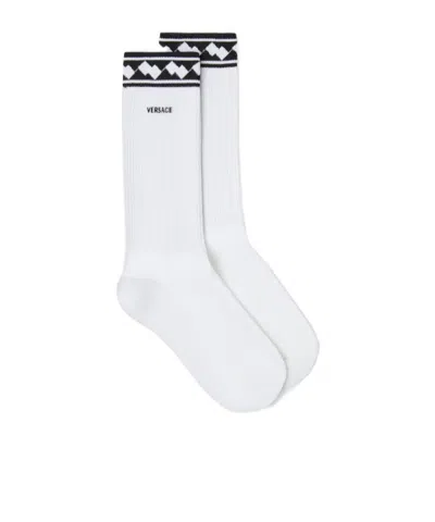 Versace Embroidered Cotton Ribbed Socks In White