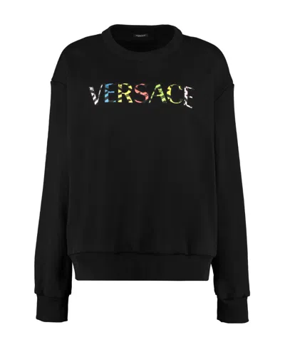 Versace Embroidered Cotton Sweatshirt In Black