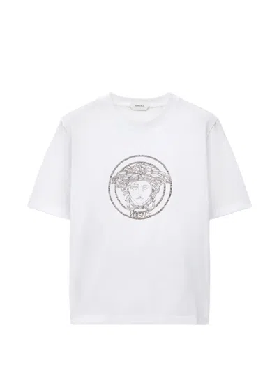 Versace Embroidered Cotton-jersey T-shirt In 白色