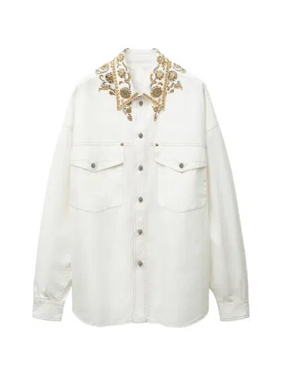 Versace Embroidered Cotton-poplin Shirt In White