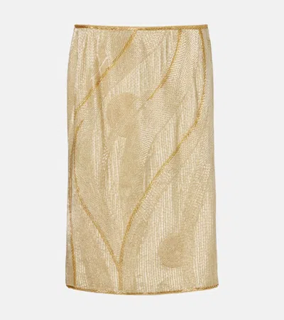 Versace Embroidered Crêpe De Chine Midi Skirt In Yellow