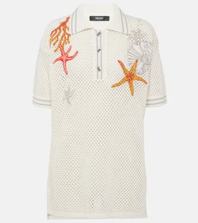 Versace Embroidered Crochet Cotton Polo Shirt In White