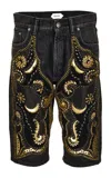 Versace Embroidered Denim Bermuda Pants In Multi