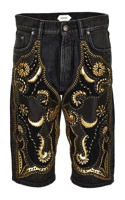 Versace Embroidered Denim Bermuda Pants In Multi