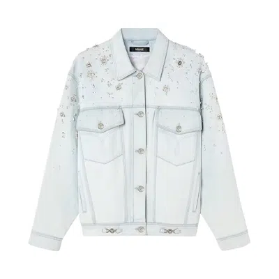 Pre-owned Versace Embroidered Denim Jacket 'light Blue Ice' | Women's Size 40