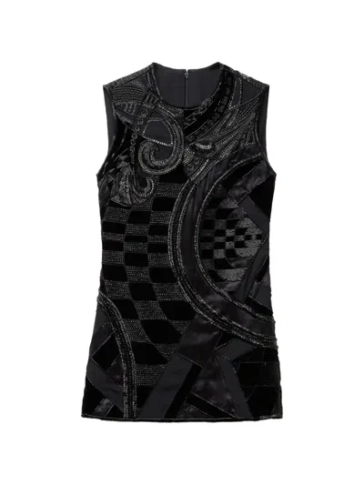 Versace Embroidered Envers-satin Mini Dress In Black