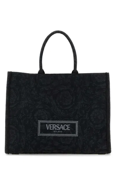 Versace Embroidered Athena Shopping Handbag With Golden Metal Finishing In Black