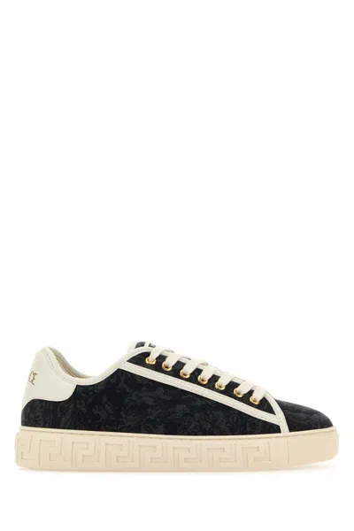 Versace Embroidered Fabric Greca Sneakers In Blackoffwhitelightgold