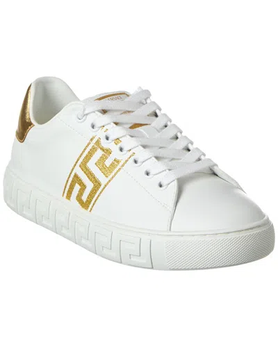 Versace Embroidered Greca Leather Sneaker In White