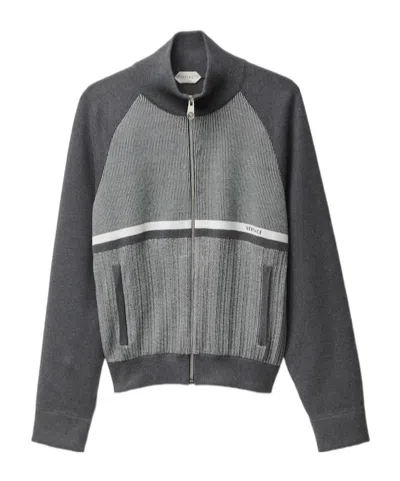 Versace Embroidered Jacquard Cotton Knit Zip Sweatshirt In Gray