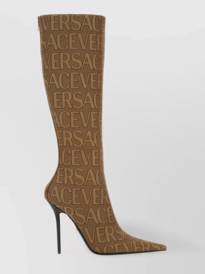 VERSACE EMBROIDERED JACQUARD KNEE HIGH BOOTS