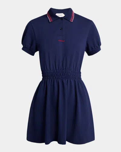 Versace Embroidered Knit Mini Polo Dress In Blue
