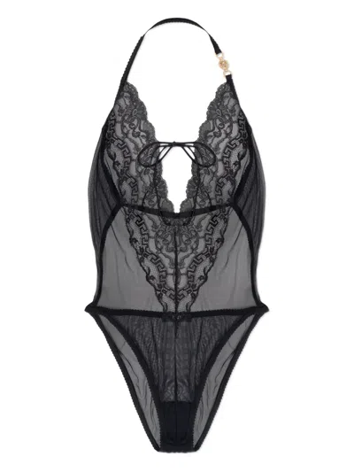 Versace Embroidered Lace-trim Bodysuit In Black