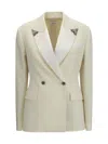 Versace Stretch Wool Blazer With Embroidered Lapels In Neutral