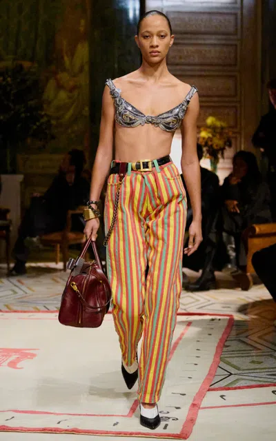 Versace Embroidered Leather Bra Top In Multi